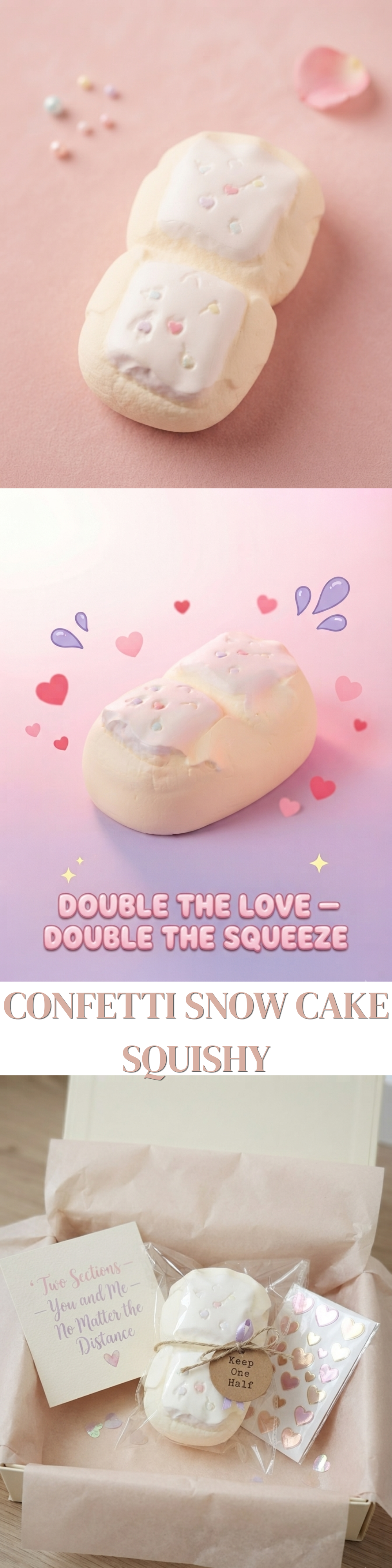 A three-panel collage showing a soft, novelty squishy toy shaped like a snow cone with white frosting and pink heart details. The top panel shows the toy alone on a pale pink background with small scattered decorative hearts.