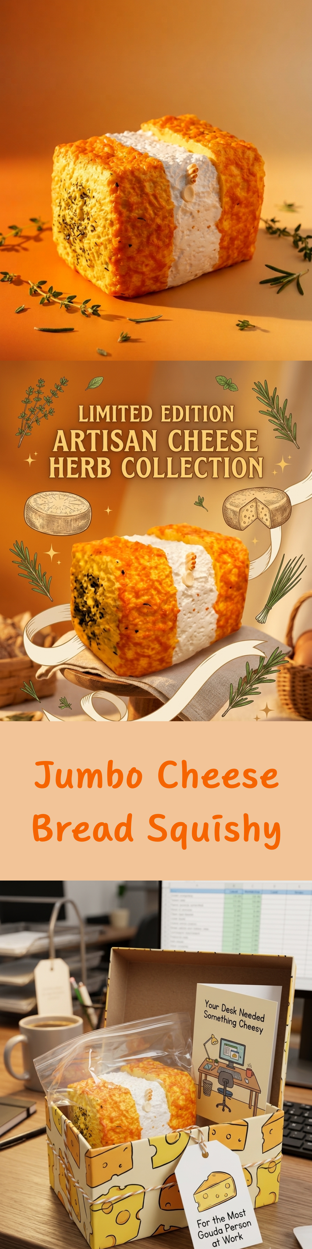 A promotional collage for a jumbo cheese bread squishy from the Artisan Cheese Herb Collection. The top and middle sections show close-up photos of a large rectangular cheese bread with orange-brown crust and white cheese filling, with decorative herbs and text overlays.