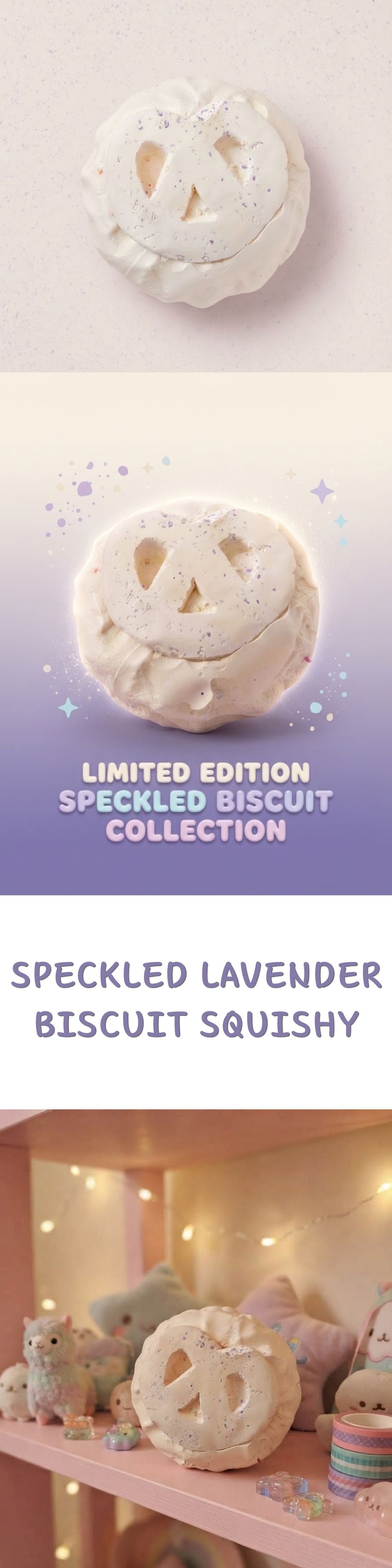 A vertically stacked promotional image showing a speckled lavender biscuit shaped like a pumpkin, with text reading 'Limited Edition Speckled Biscuit Collection' and 'Speckled Lavender Biscuit Squishy.' The top two panels show the biscuit alone on a pale gradient background, and the bottom panel shows it displayed on a shelf in a softly lit room with other biscuits and pastel decor.