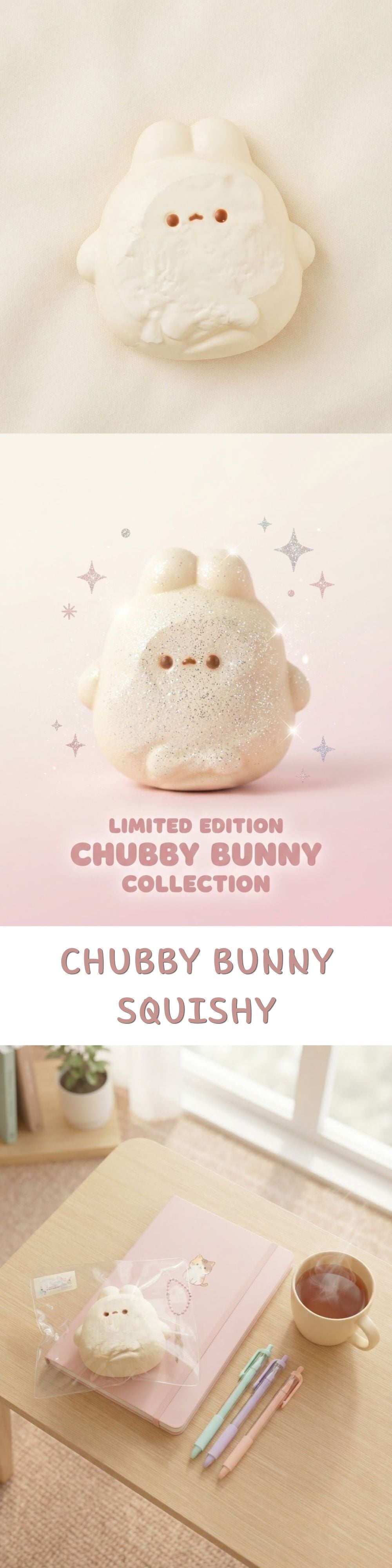 A Chubby Bunny Squishy toy shown in three stacked panels: a close-up of the white plush bunny head, a wider view of the bunny with a pink belly and small star graphic, and a styled scene on a desk with the bunny in a clear bag next to a notebook, pencils, and a cup.
