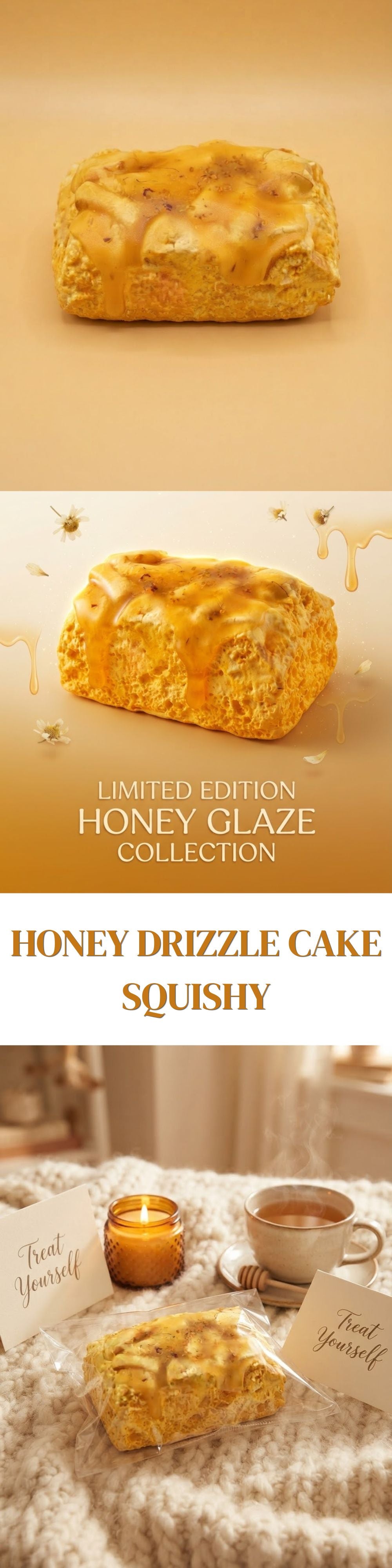 A honey glazed cake shown in three stacked promotional panels: a single round cake on a warm beige background, a close-up of the cake with honey drizzle and the text 'LIMITED EDITION HONEY GLAZE COLLECTION', and a styled scene on a knitted blanket with a wrapped cake, a candle, and a cup of coffee labeled 'Honey Drizzle Cake Squishy'.
