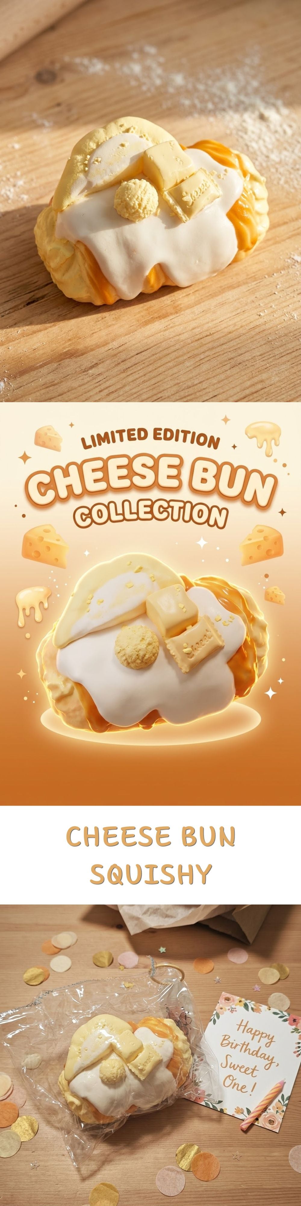 A promotional collage for a cheese bun, showing the baked bun topped with melted white cheese and crumbled cheese pieces on a wooden surface, plus illustrated and real-life views of a cheese bun collection and a packaged cheese bun with a handwritten note.