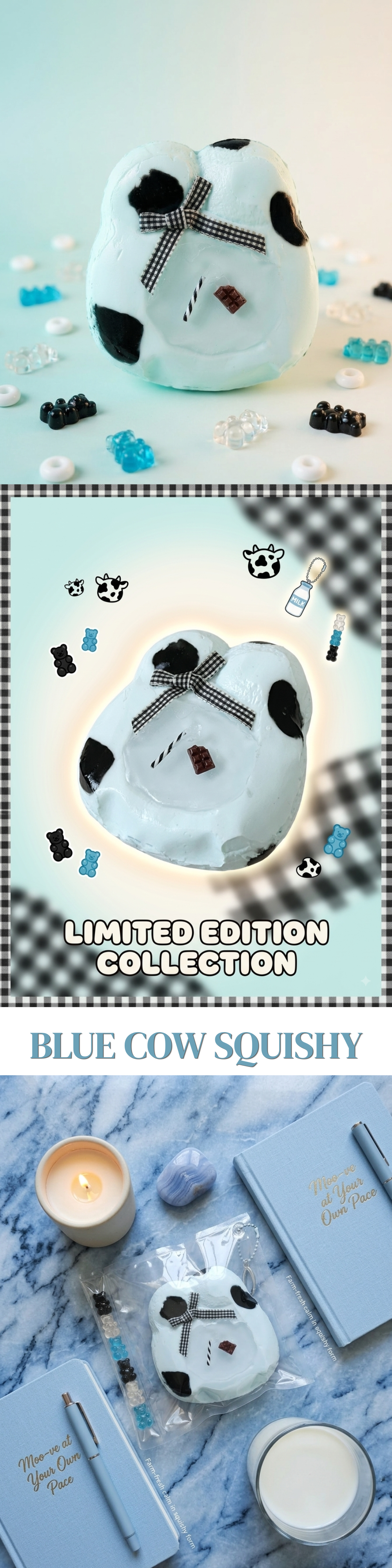 A blue and black cow-patterned squishy toy shown in a styled collage with candles, notebooks, and small accessories. The collage includes text reading 'BLUE COW SQUIShY' and 'LIMITED EDITION COLLECTION'.