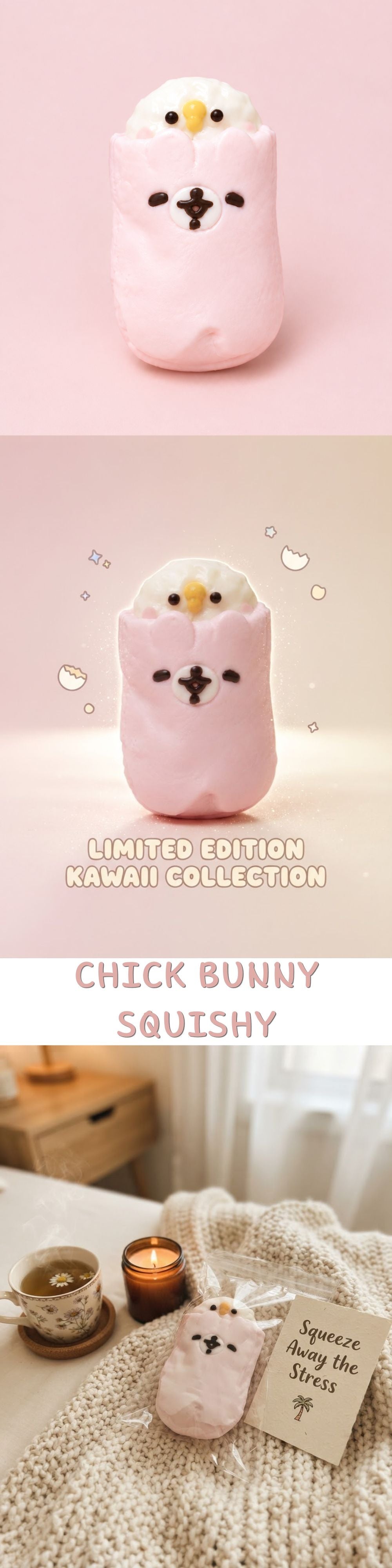 A pink plush bunny toy with embroidered black and white facial features, shown in a three-panel collage on a soft pink background. The top panel shows the toy alone, the middle panel shows it with decorative floating hearts and text reading 'LIMITED EDITION KAWALI COLLECTION', and the bottom panel shows it styled on a knitted blanket beside a candle and card in a cozy indoor setting.