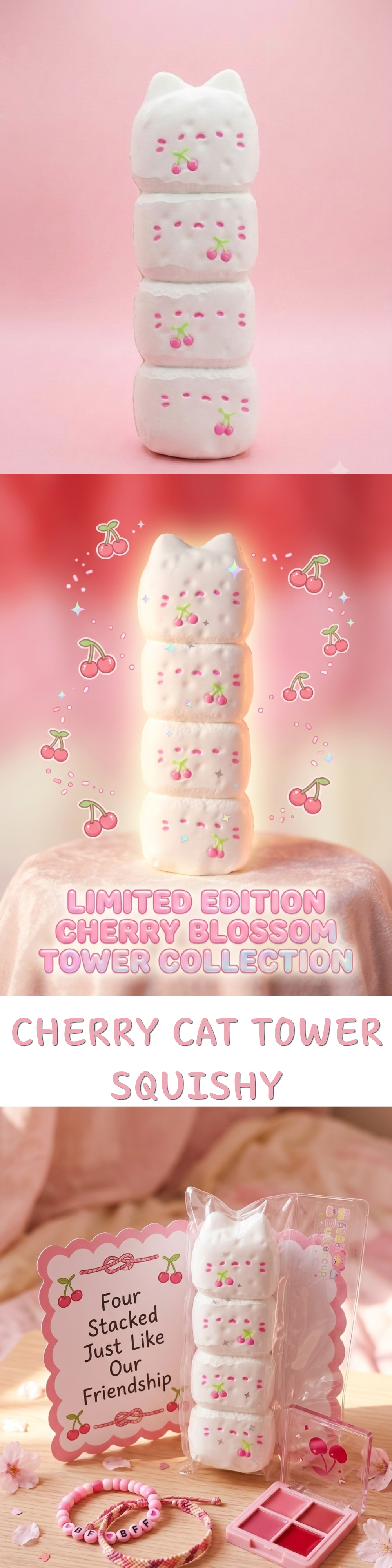 A three-panel collage showcasing a pink and white cherry cat tower squishy toy. The top panel shows the toy stacked in three tiers.