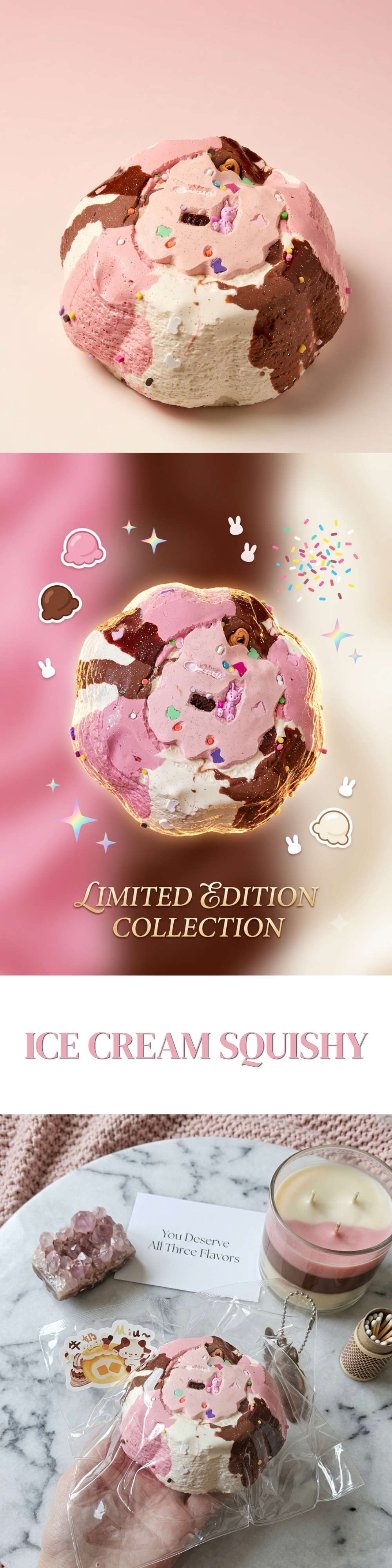 Three-panel product presentation of a pink and white ice cream squishy toy with chocolate swirls and rainbow sprinkles. The top panels show the toy alone on pink and white gradient backgrounds, with one panel including decorative text reading 'Limited Edition Collection.