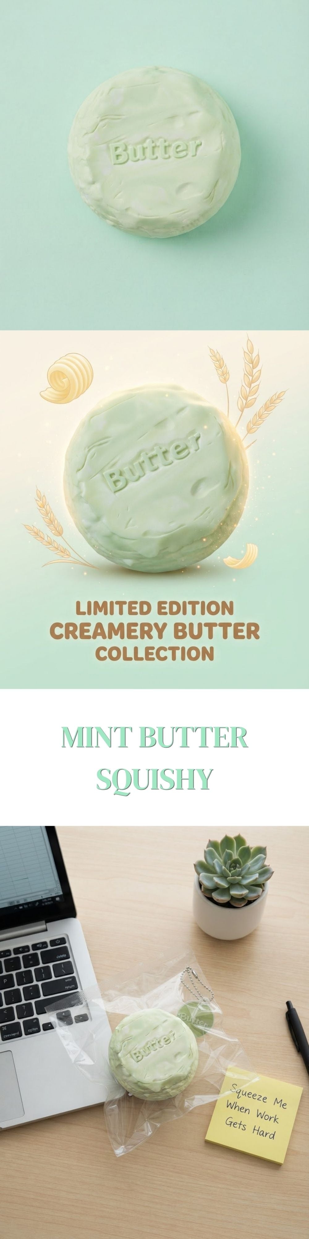 Three-panel promotional image for a mint butter squishy. The top panel shows a round mint-colored butter puck with 'Butter' embossed on it against a pale mint background.