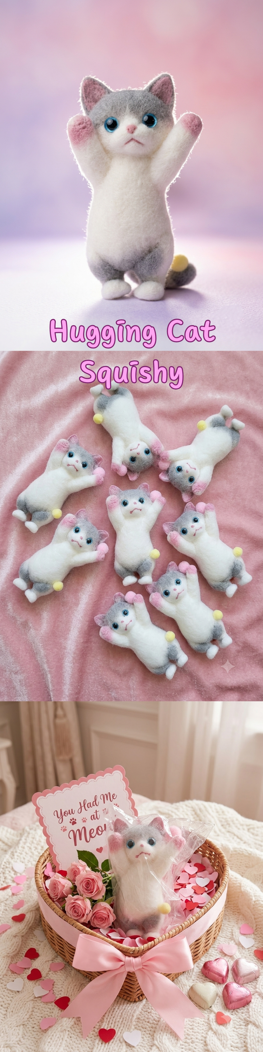 A three-panel collage showing a plush hugging cat toy and several small cat-shaped accessories. The top panel shows a large white and gray cat plush with pink ears and paws against a pink gradient background, with the text 'Hugging Cat Squeaky' below.