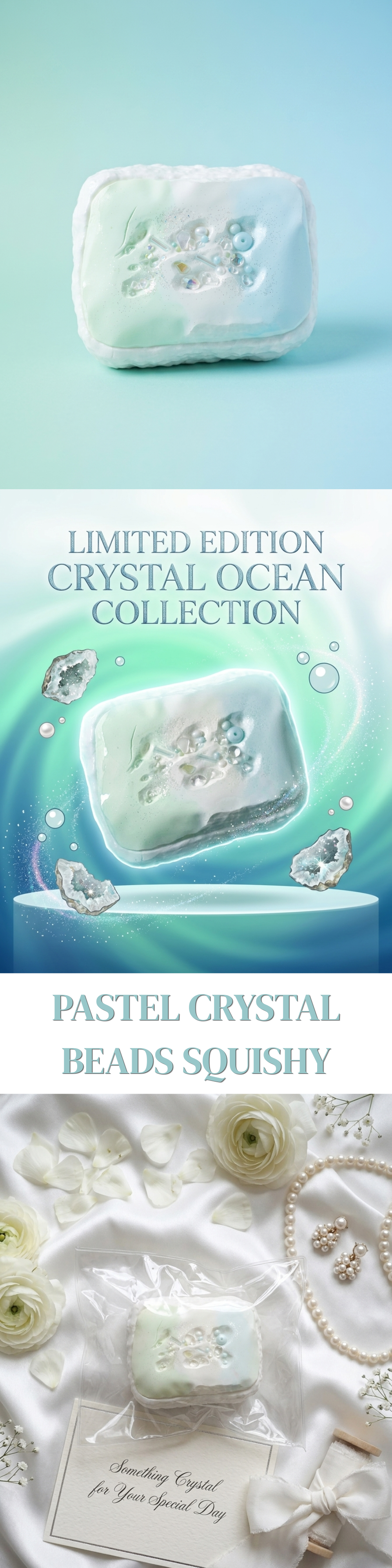 A pastel crystal beads squishy toy shown in a promotional collage with text reading 'Limited Edition Crystal Ocean Collection' and 'Pastel Crystal Beads Squishy.' The product appears as a small rectangular soft toy with a translucent pale aqua body and white crystal-like embellishments, shown on a light blue background, floating on a pedestal, and wrapped in cellophane with a tag on white fabric.