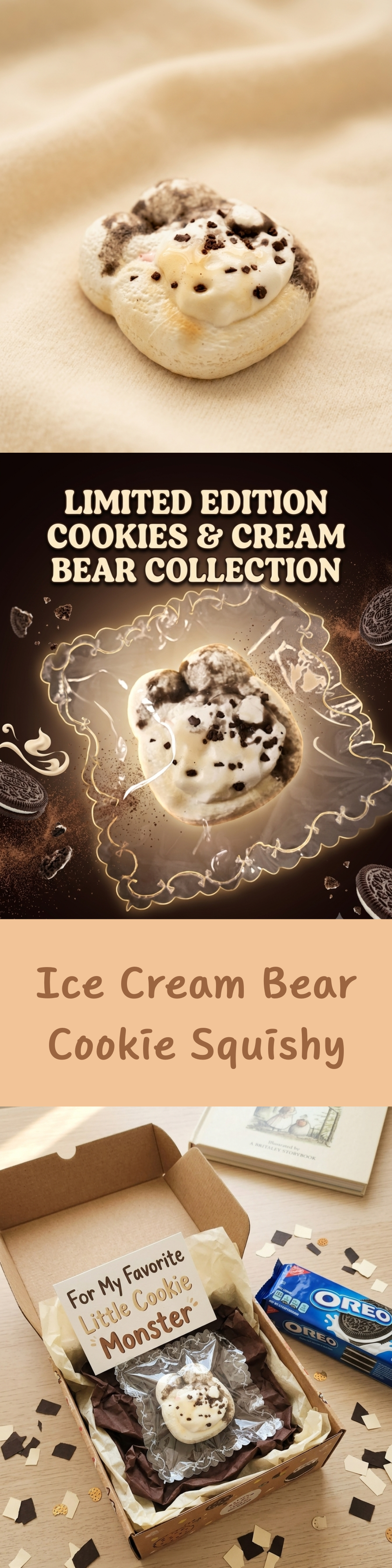 A promotional collage for an 'Ice Cream Bear Cookie Squishy' limited edition cookie. The top shows a single cookie with chocolate chips on a beige fabric background.