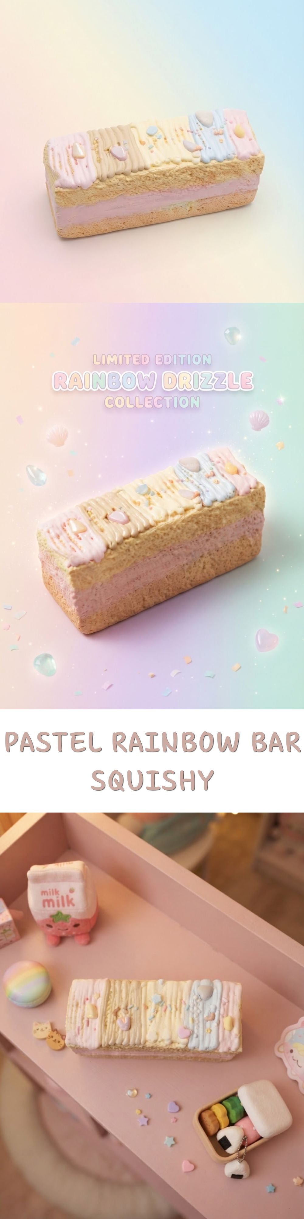 A pastel rainbow bar squishy toy made from layered sponge cake, shown in a clean product presentation with a pink tray and small decorative accessories.