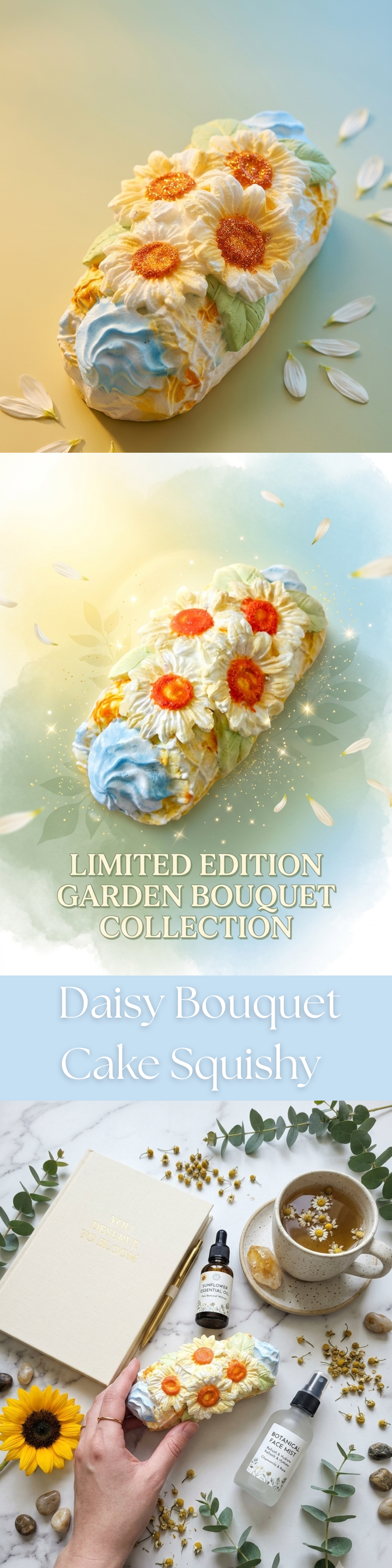 A three-panel collage showcasing a decorative cake squishy. The top panel shows the squishy decorated with white daisies, yellow centers, and blue frosting swirls on a light yellow background.