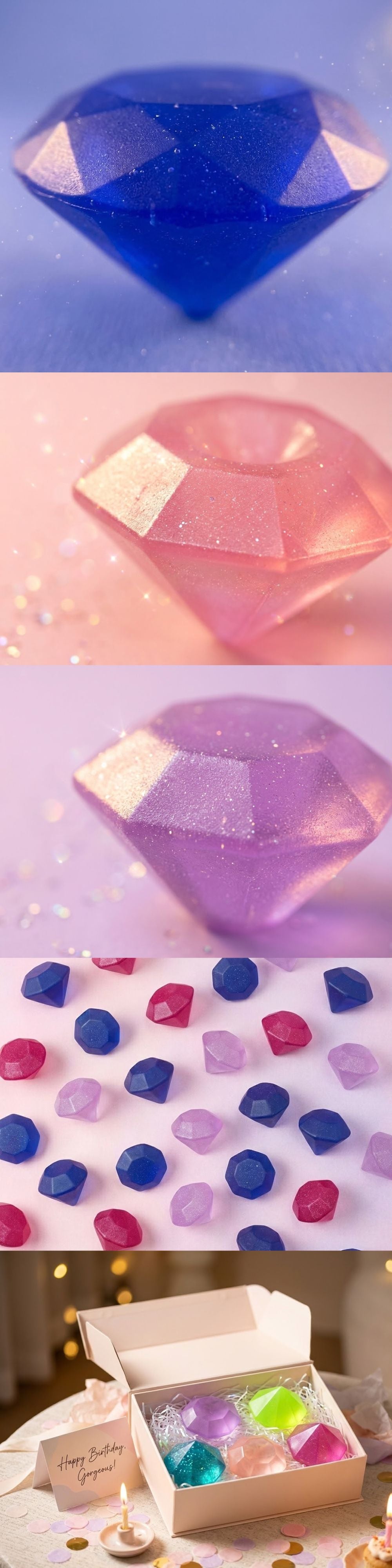 A five-panel collage showing faceted gem-shaped items in different colors: deep blue, pale pink, lavender purple, scattered multicolor gems, and a gift box containing several colorful gem-shaped pieces.