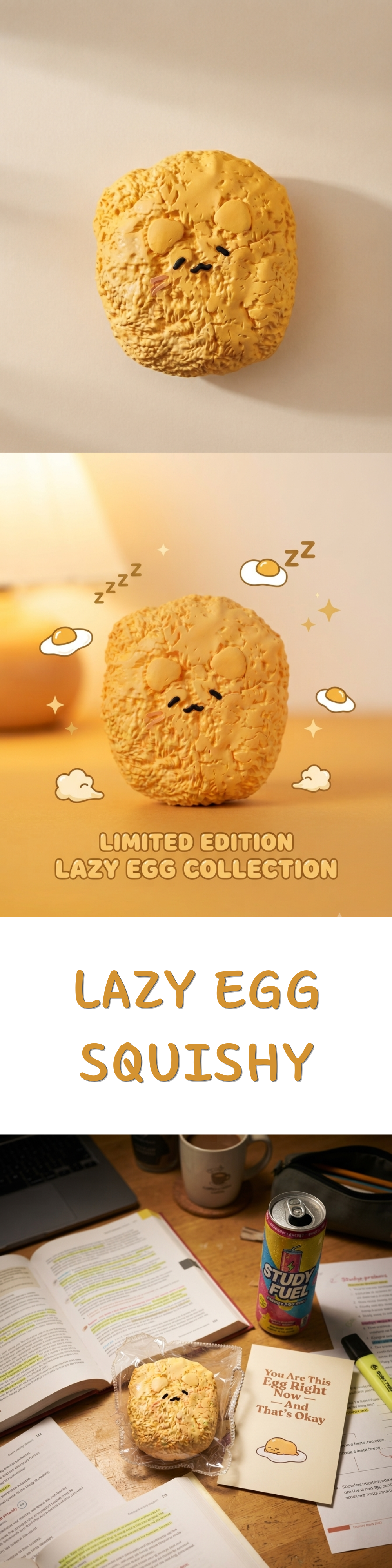 A collage showing a small round, egg-shaped yellow novelty item with a sleepy face, labeled 'Lazy Egg Collection' and 'Lazy Egg Squishy.' The top panel shows the item alone against a light background, the middle panel shows it styled with warm ambient lighting and cute doodles, and the bottom panel shows it on a desk with books, a can, and a pen.