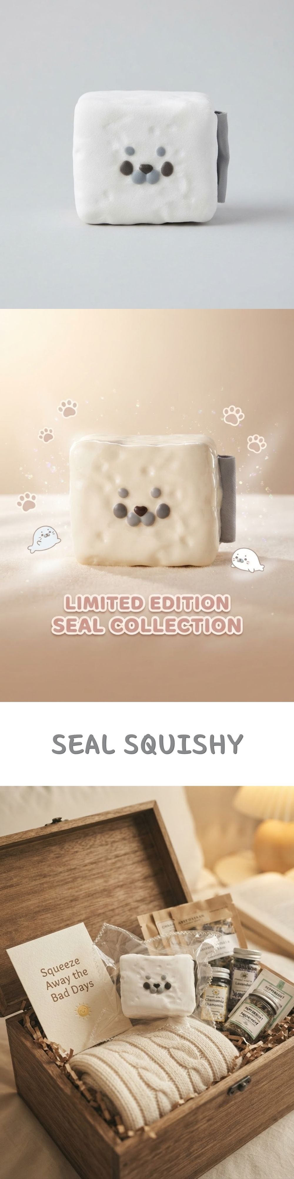 A plush rectangular seal-shaped squishy toy with a white face and gray ears, shown in a clean studio-style composite. The top panel shows the toy alone on a light gray background; the middle panel shows it in a softly lit beige setting with decorative text reading 'LIMITED EDITION SEAL COLLECTION'; the bottom panel shows the toy inside a wooden gift box with other plush items and accessories.