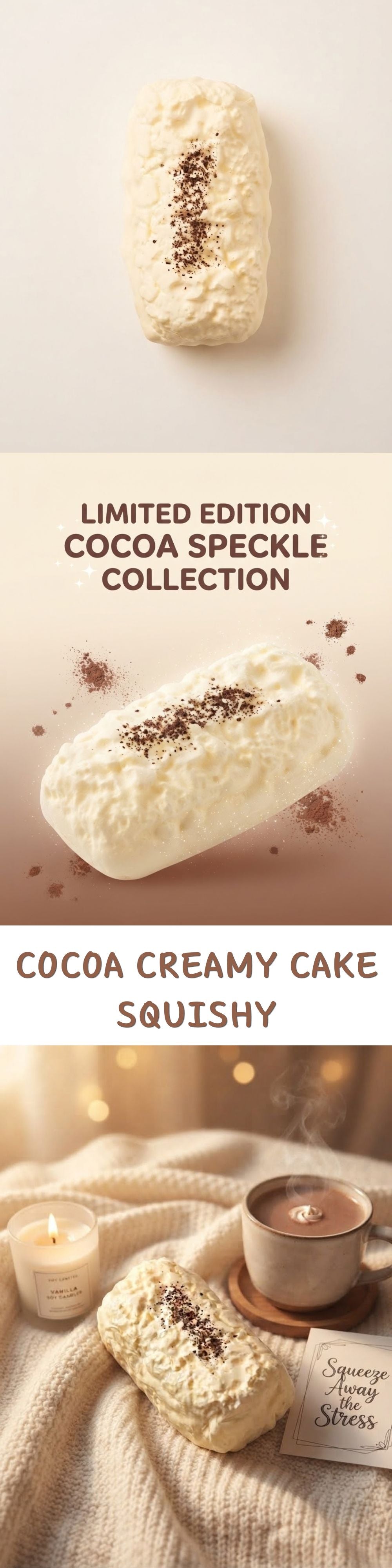 A vertically stacked promotional image for a 'Cocoa Creamy Cake Squishy' from the limited edition Cocoa Speckle Collection. The top half shows the cream-colored, crumb-textured cake squishy with dark cocoa speckles on a light beige background.
