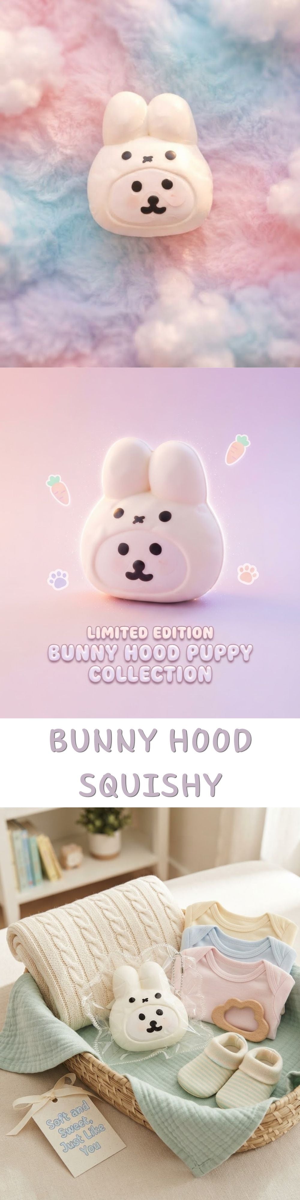 A plush bunny hood toy shown in three stacked panels: a close-up on a pastel cloud background, a centered product view with text reading 'Limited Edition Bunny Hood Puppy Collection,' and a styled scene with the toy on a bed with matching baby clothes and socks.