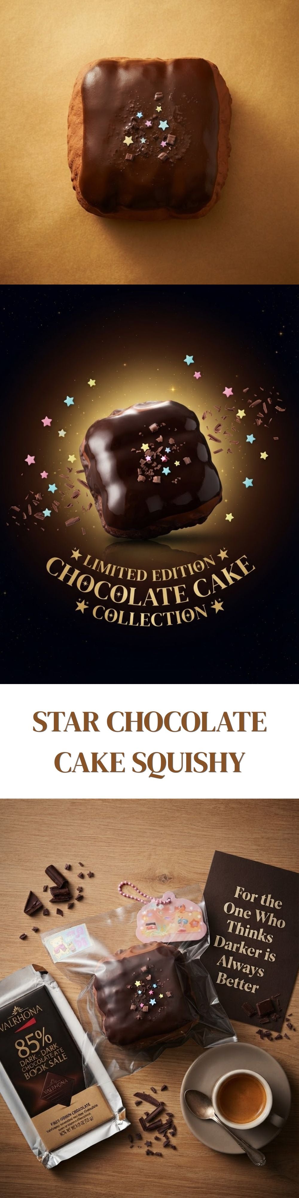A promotional collage for a chocolate cake squishy. The top two panels show a square chocolate cake with sprinkles on a gold and dark background.