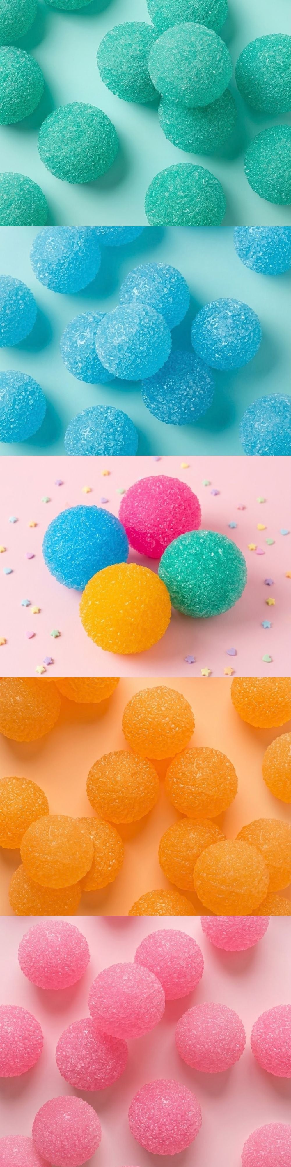 A vertical collage of close-up views of textured, sugar-coated pom-pom balls in multiple colors, including teal, light blue, pink, yellow, and orange, arranged on pastel backgrounds.