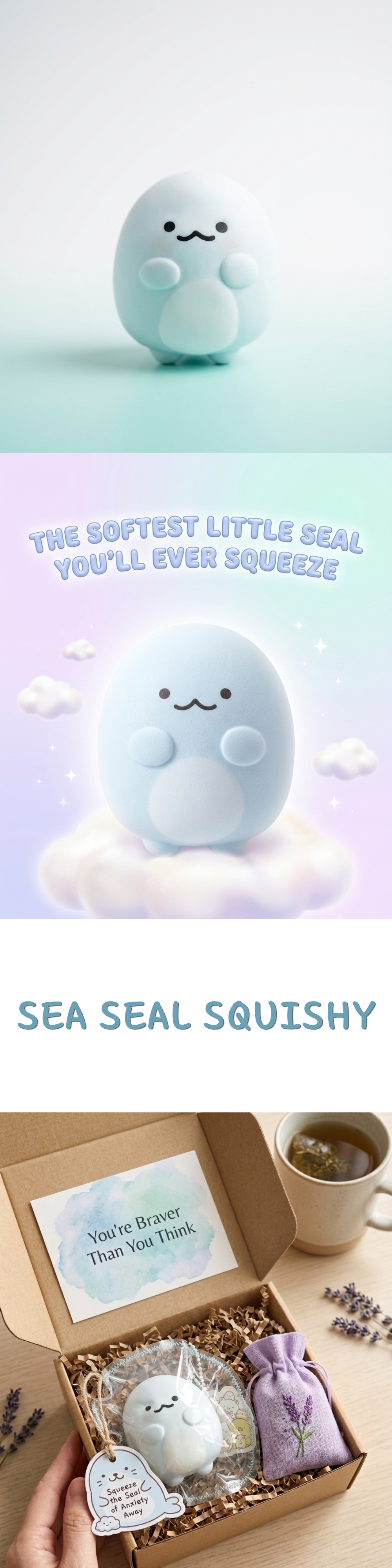 A cute, rounded sea seal squishy toy with a smiling face, shown in a three-panel collage. The top panel shows the light blue toy against a pale blue background.