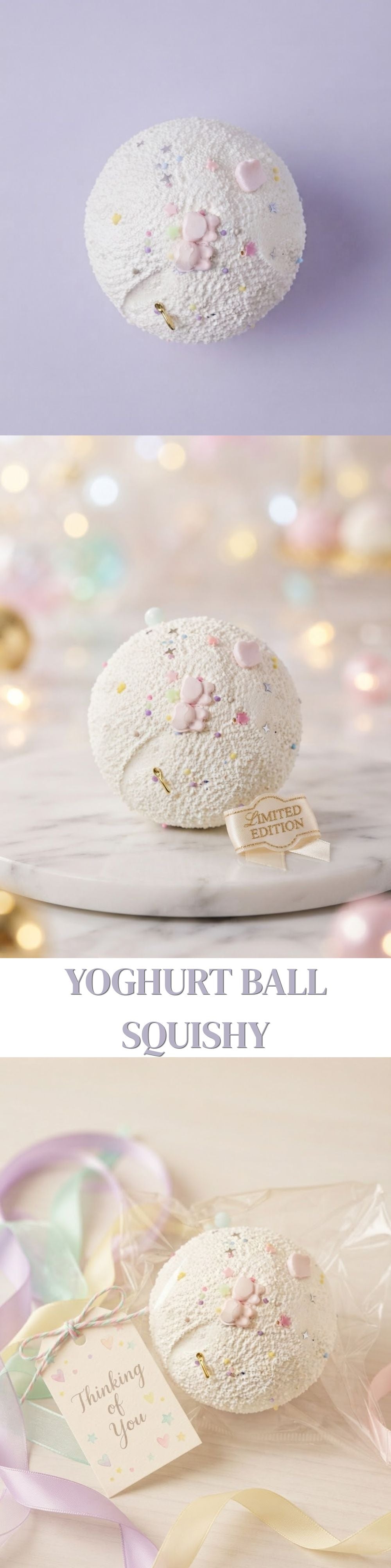 Three-panel product photo of a round, textured white bath bomb or bath sponge labeled 'Yoghurt Ball Squishy,' shown on a marble surface with pastel bokeh lights and ribbon packaging.