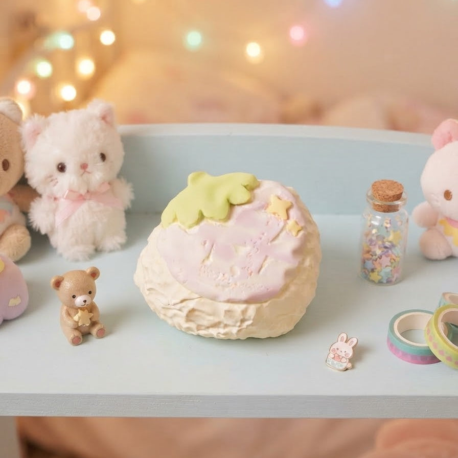 A pastel pink and cream cake-shaped squishy toy with a green leaf on top, displayed on a light blue shelf alongside plush toys, washi tape, and a small bottle of confetti in a cozy, softly lit room.