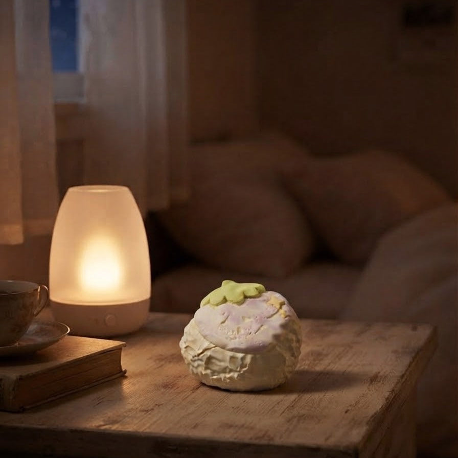 A small decorative ceramic figurine shaped like a sleeping creature with green wings sits on a rustic wooden table next to a glowing warm lamp in a cozy, dimly lit bedroom setting.