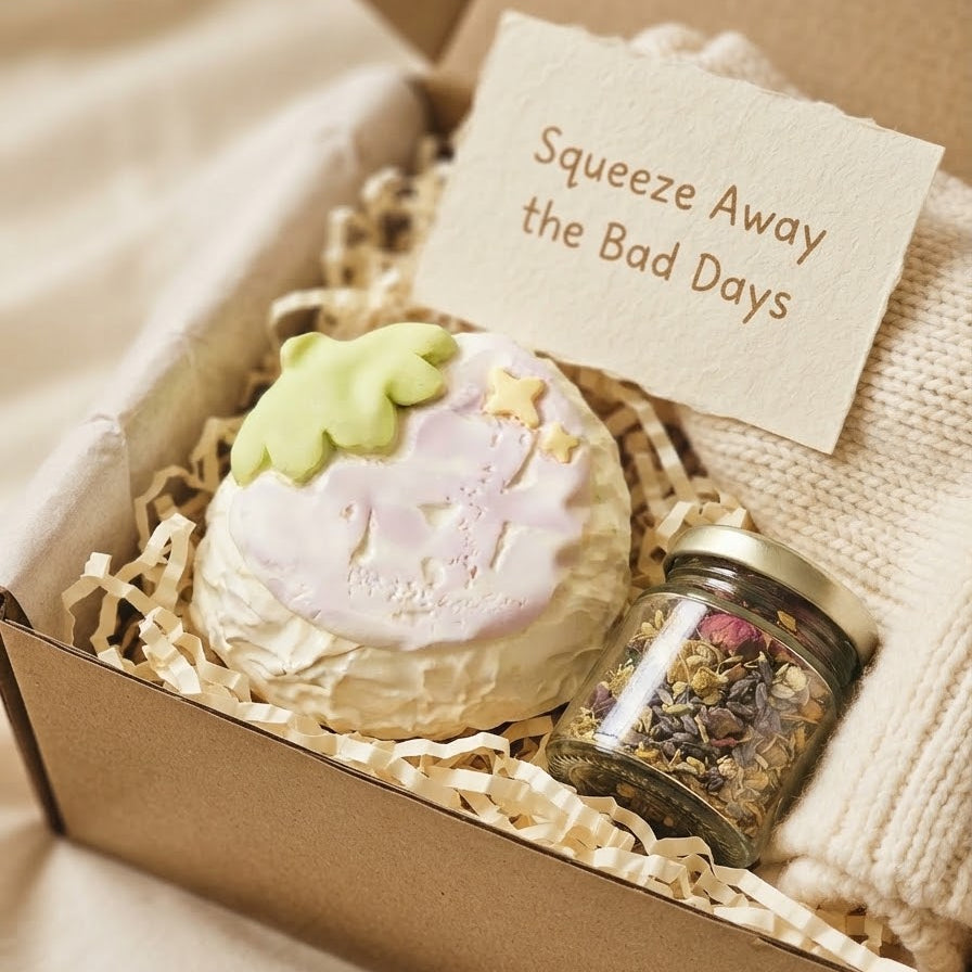 A gift box containing a small decorative soap or candle with a pale green leaf on top, a glass jar filled with dried botanicals, and a cream knit sweater, arranged in paper shred with a note that reads 'Squeeze Away the Bad Days.'.