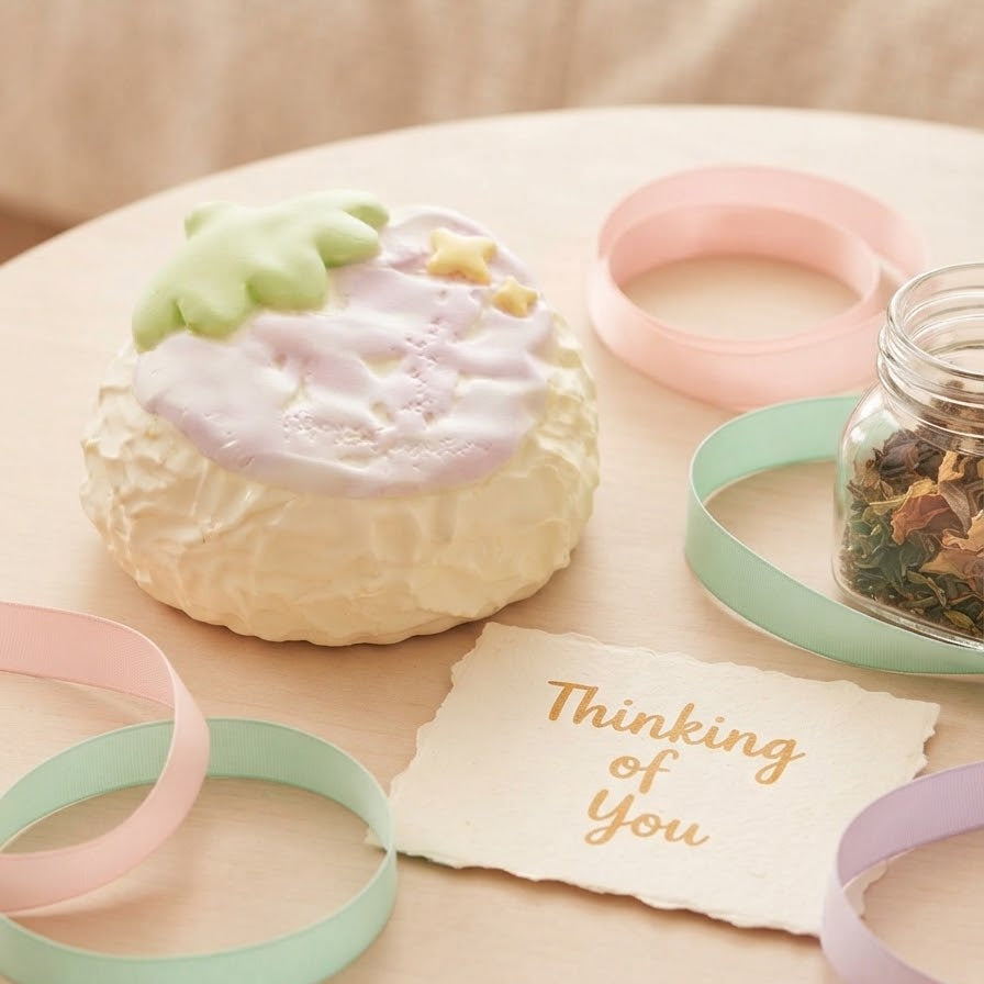 A pastel-colored decorative item shaped like a small cake or pastry with a green leaf on top, arranged on a round table with pink and mint loops, a small jar, and a card that reads 'Thinking of You'.