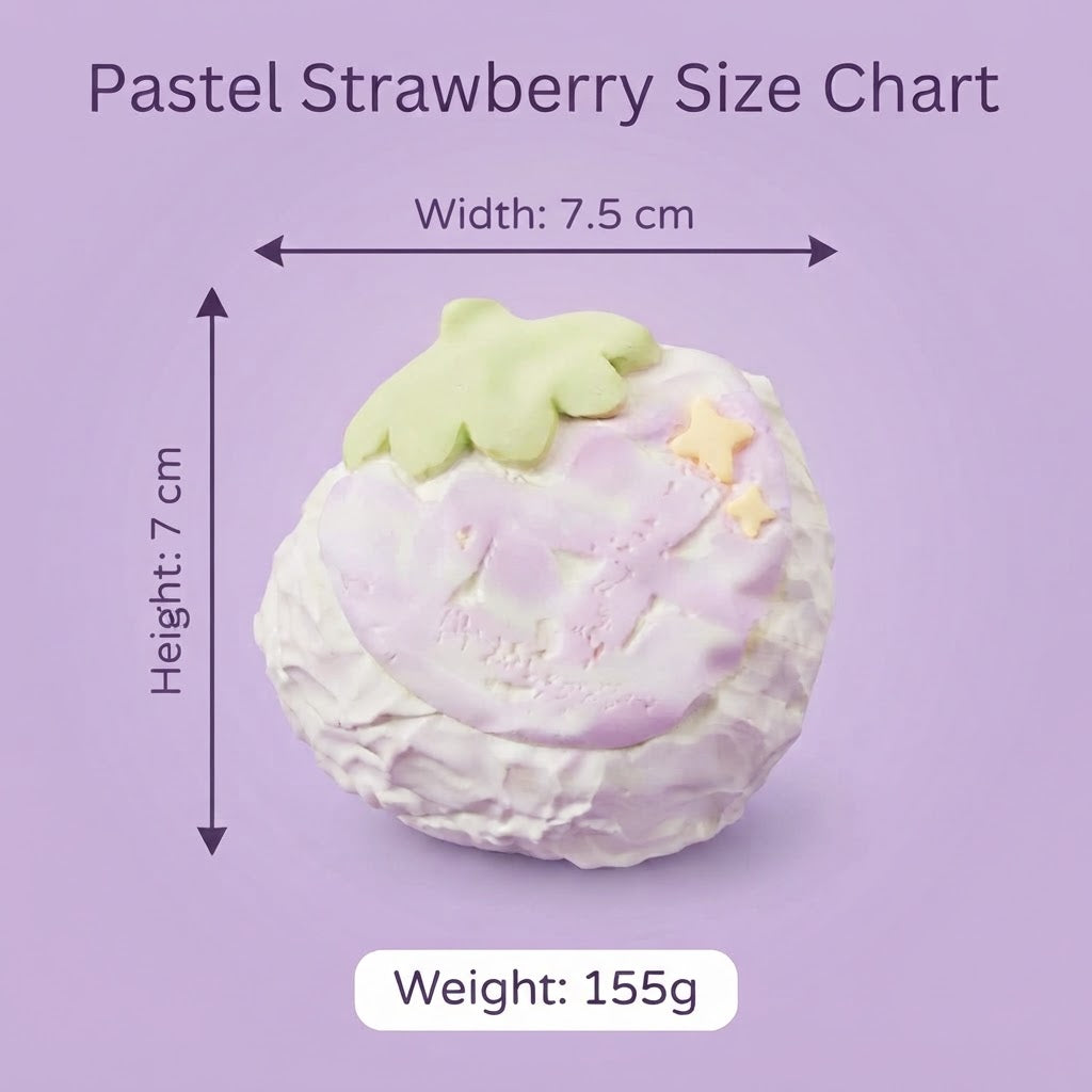 Pastel strawberry size chart graphic showing a small strawberry-shaped item with dimension arrows labeled width 7.5 cm and height 7 cm, plus weight 155g, on a lavender background.