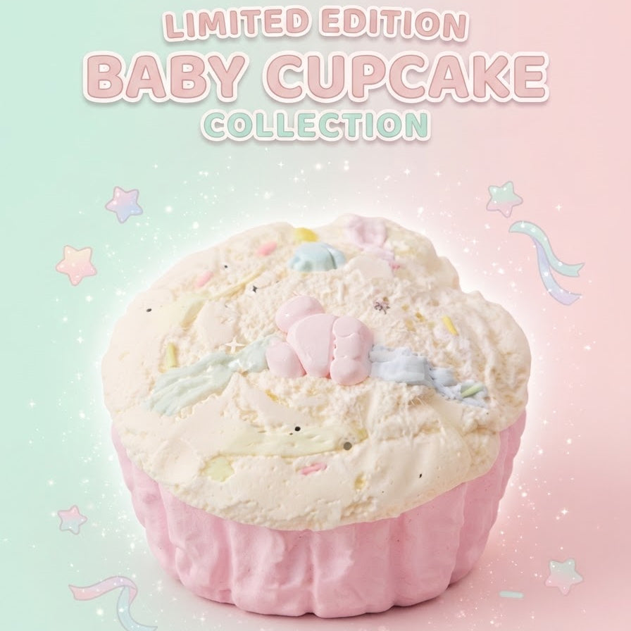 A pastel pink and cream cupcake-style product centered on a soft mint-to-pink gradient background with decorative stars and the text 'LIMITED EDITION BABY CUPCAKE COLLECTION' at the top.