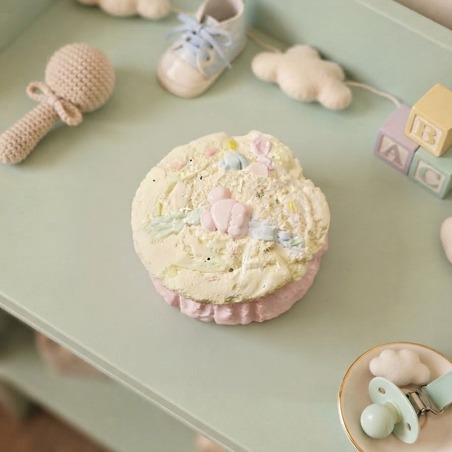 A pastel baby-themed nursery decor set arranged on a mint green shelf, featuring a round decorative cake topper with a bunny and flower design, a knitted rattle, a small shoe charm, cloud garland, alphabet blocks, and a pacifier clip.