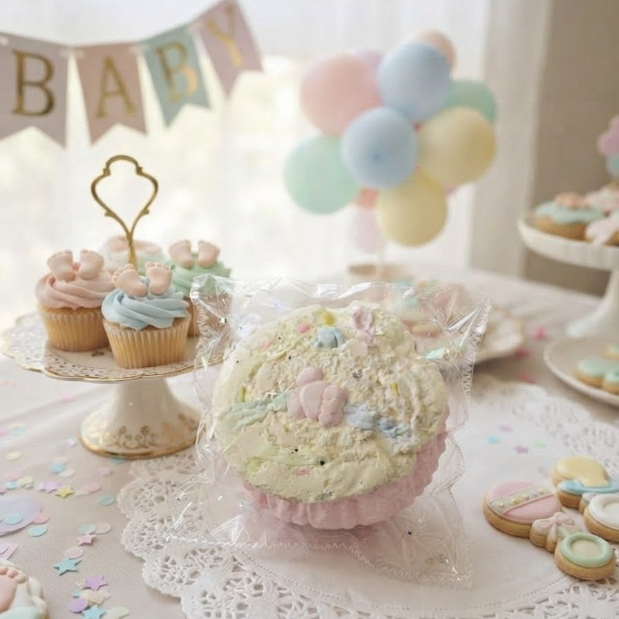 A pastel baby shower party table setting featuring a large cupcake replica in the center, cupcakes on a pedestal, cookies, lace doilies, balloons, and a 'BABY' banner in the background.