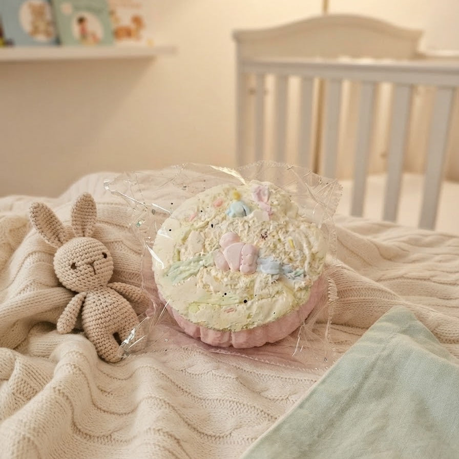 A round, pastel-colored plush toy or cushion wrapped in clear plastic, placed on a cream knit blanket next to a small beige stuffed bunny in a softly lit nursery setting.
