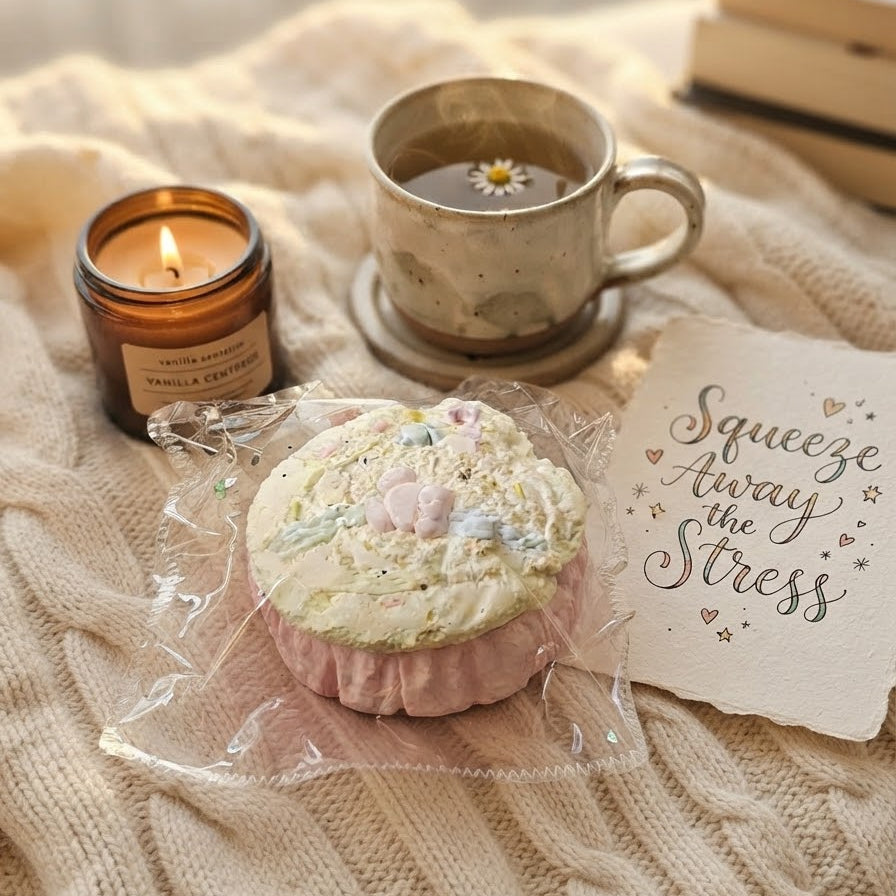 A round pink and cream scented soap or bath bomb wrapped in clear plastic sits on a beige knit blanket, styled with a lit amber candle, a ceramic mug, and a card that reads 'Squeeze Away the Stress'.