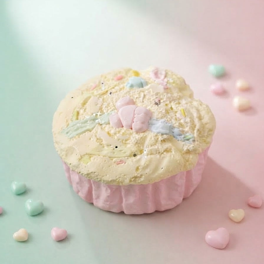 A pastel cupcake-shaped product with pale yellow frosting, pink wrapper, and small candy-like decorations, photographed on a soft mint and pink background with scattered heart-shaped candies.