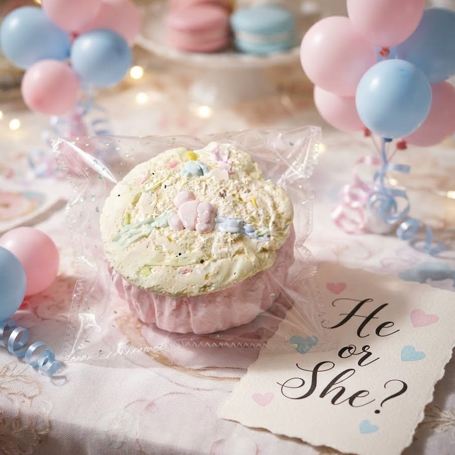 A pink frosted cupcake wrapped in clear cellophane sits on a decorated table with pastel balloons, macarons, and a card that reads 'He or She?'.