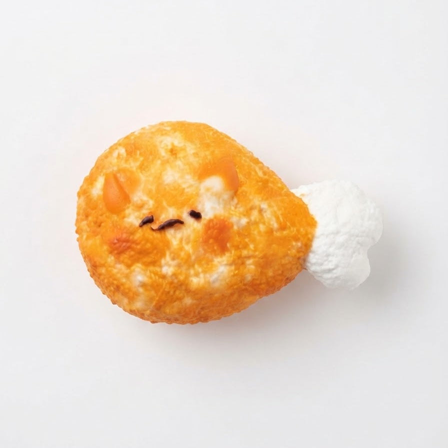 A novelty chicken leg-shaped squishy toy with a cute face, featuring a textured golden-brown fried skin and a fluffy white thigh, set against a plain white background.