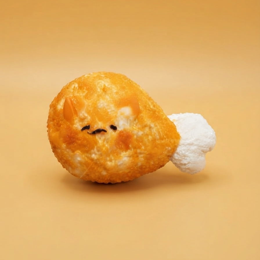 A cute, round golden-brown fried chicken leg plush toy with a small white bone tail and a simple embroidered face, set against a solid warm beige background.