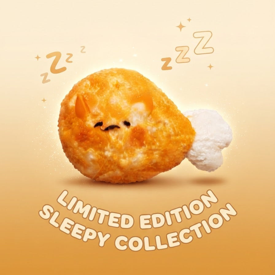 A cute, sleepy fried chicken leg plush toy with a sleeping face and white fluffy tail, set against a warm beige gradient background with 'LIMITED EDITION SLEEPY COLLECTION' text and 'z Z' sleep marks.