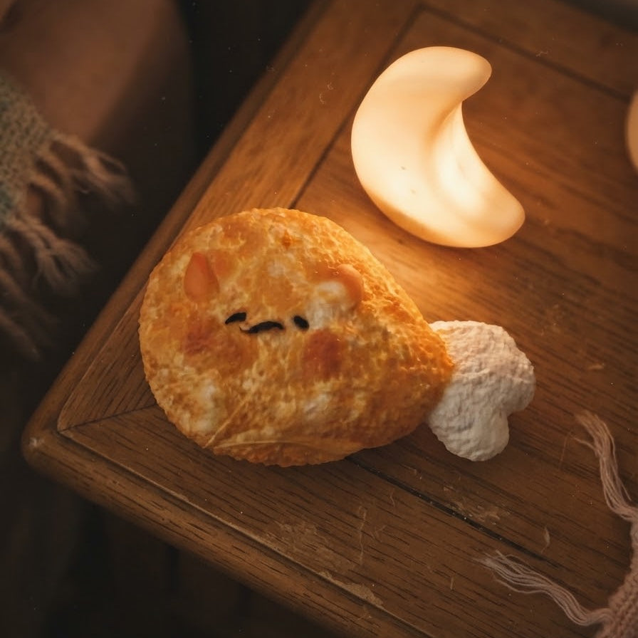 A chicken leg-shaped warm light lamp with a cute face, resting on a rustic wooden table next to a crescent moon lamp under warm ambient lighting.