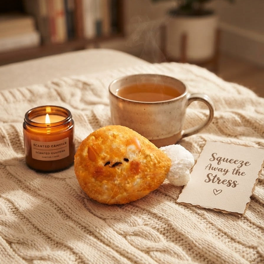 A cozy lifestyle scene featuring a handcrafted ceramic mug filled with tea, a lit amber glass candle, a cute plush toy shaped like a baked pastry with a smiling face, a small white sugar cookie, and a handwritten note that reads 'Squeeze Away the Stress', all arranged on a cream cable-knit blanket in a warm, softly blurred home setting.