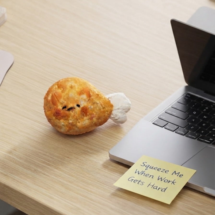 A novelty chicken leg squishy stress toy sits on a light wood desk next to an open laptop and a yellow sticky note that reads 'Squeeze Me When Work Gets Hard'.