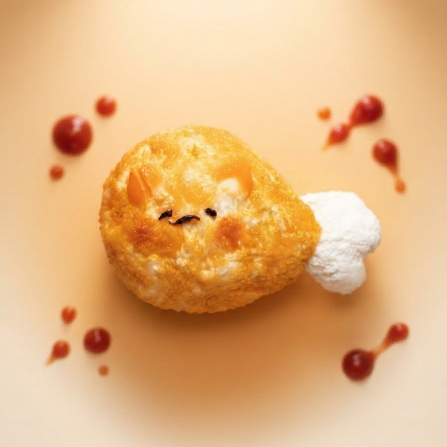 A creatively shaped fried food item, resembling a chicken leg drumstick with a cute face, sits on a warm beige background with decorative ketchup drizzles.