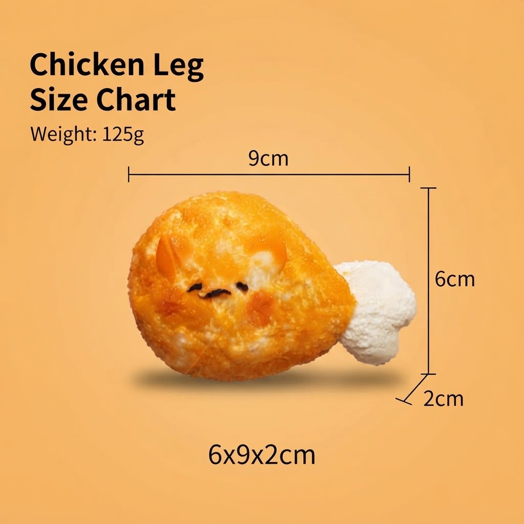 A size chart graphic for a chicken leg plush toy, showing a cute orange fried-chicken-shaped character with a white bone tail. The image includes dimension lines and text indicating measurements of 9cm by 6cm by 2cm, plus weight information of 125g, all set against a solid orange background.