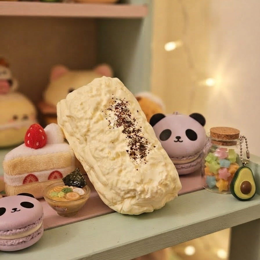 A cream-colored, bread-shaped squishy toy with dark chocolate sprinkles, displayed on a light green shelf alongside other cute pastel plush toys and macarons.