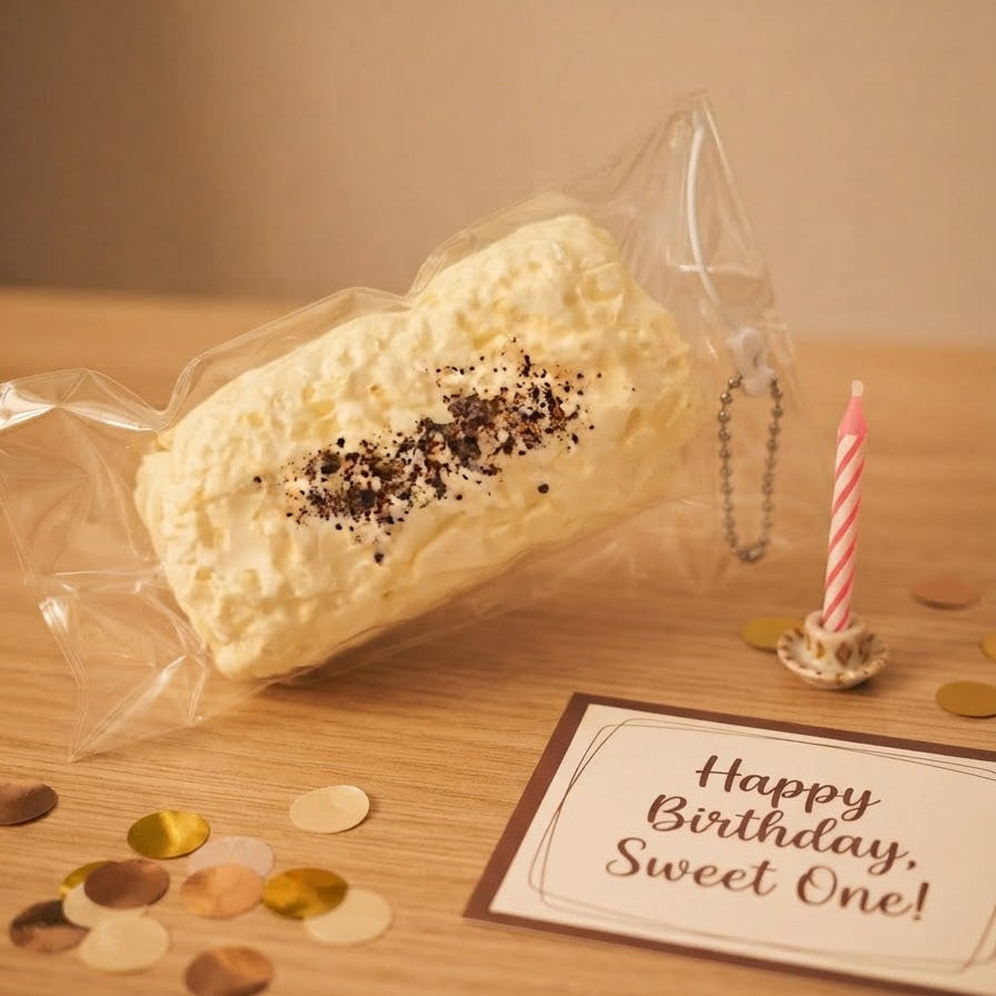 A packaged cream-colored cake-shaped item with dark sprinkles, placed on a wooden table beside a small pink-and-white candle, gold confetti, and a card that reads 'Happy Birthday, Sweet One!'.