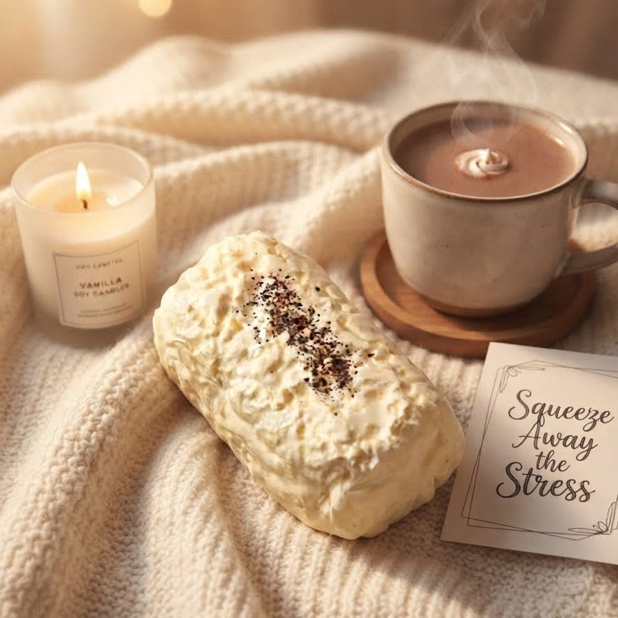 A cozy lifestyle scene featuring a vanilla-scented candle, a steaming mug of hot chocolate, a whipped cream pastry topped with cocoa powder, and a card that reads 'Squeeze Away the Stress' on a textured cream knit blanket.