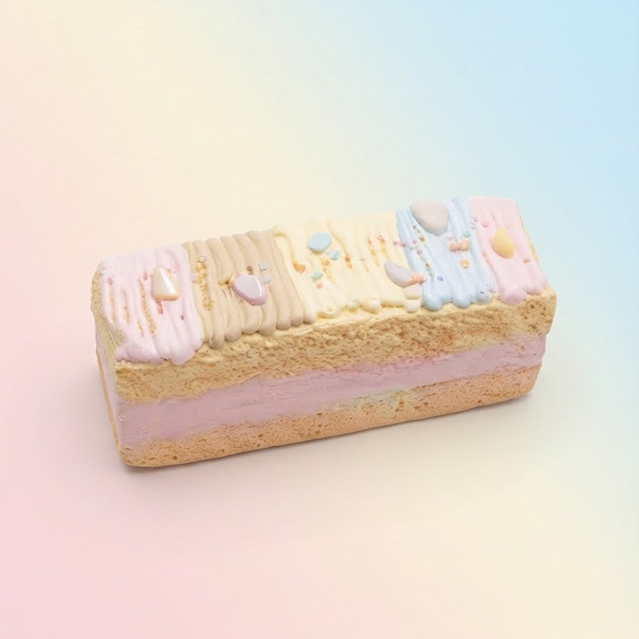 A rectangular sponge cake slice decorated with pastel pink, cream, and light blue frosting, topped with small heart and bubble decorations, set against a soft pastel gradient background.