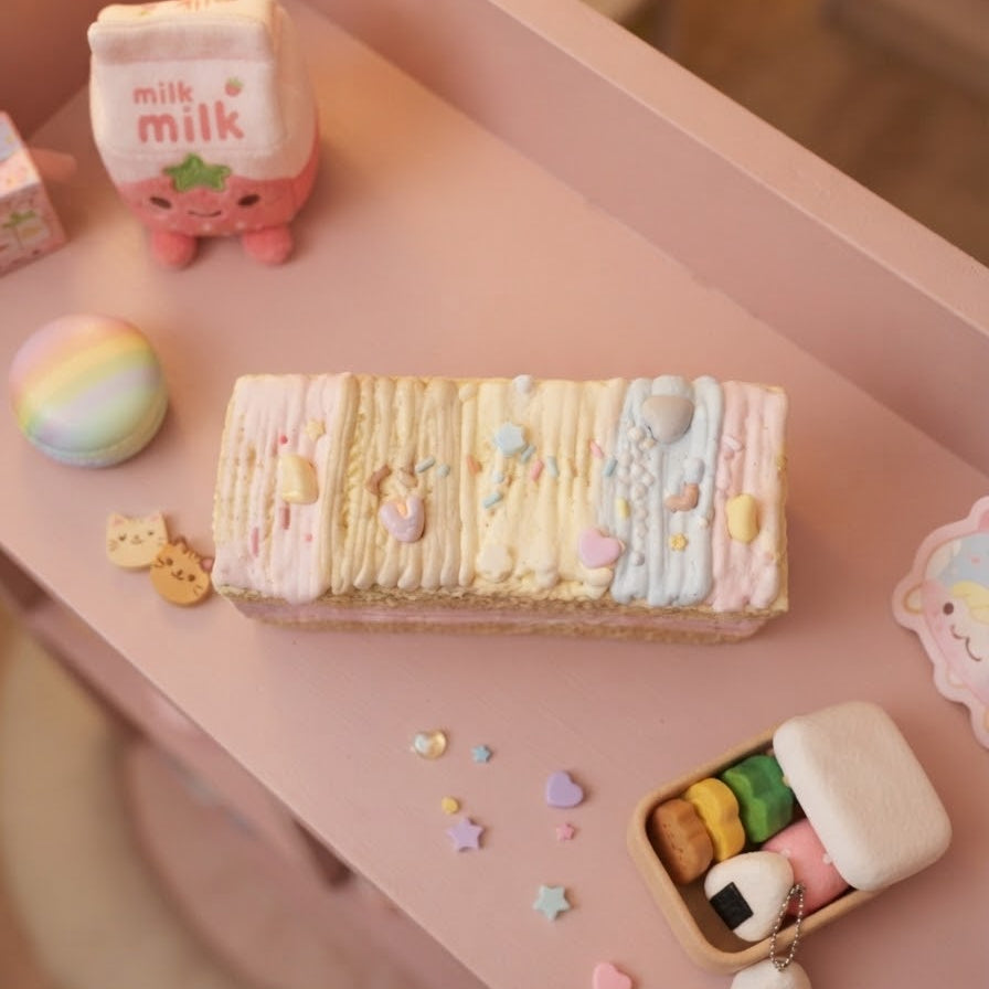 A pastel pink and cream rectangular cake-shaped item with decorative sprinkles sits on a pink tray, surrounded by small cute accessories including a milk carton, macarons, cookies, and a bento box with a small plush charm.